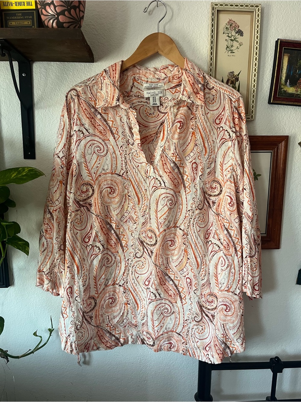 Rachel Zoe Cream Paisley Tunic - Peach - 100% European Flax Linen - 1X